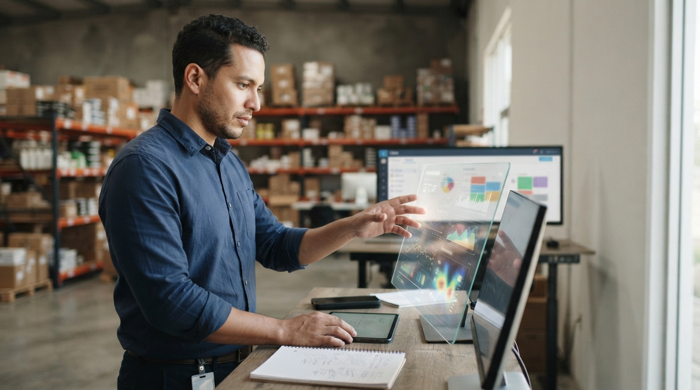 Profesional observacional en oficina de ecommerce analizando flujo entre inventario y datos