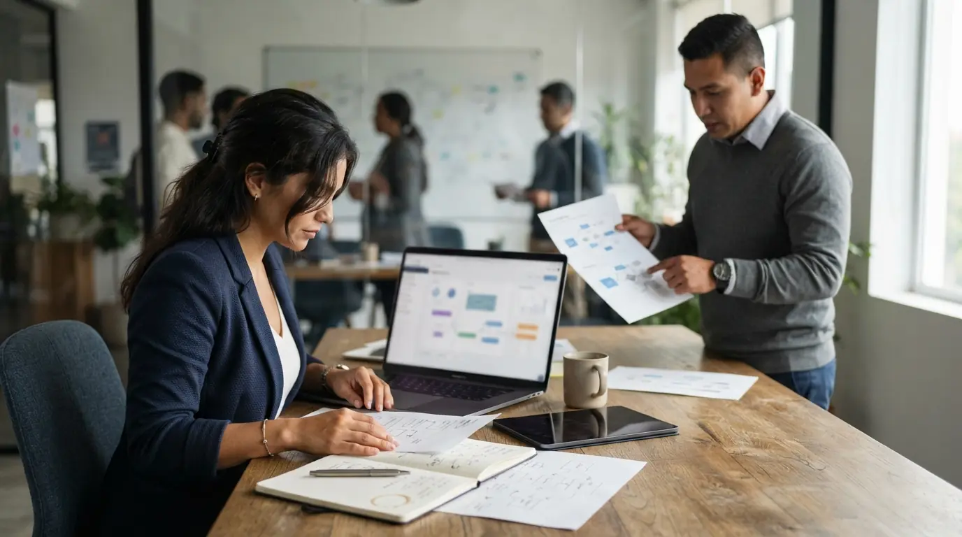 Oficina con dos personas analizando un flujo de IA en una mesa de trabajo editorial