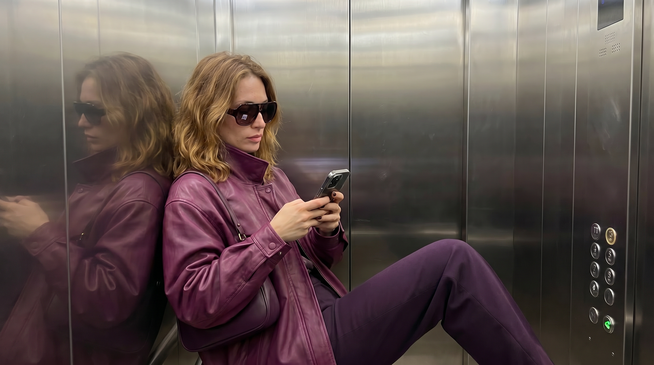 UMA vestida de violeta en un entorno contemporáneo